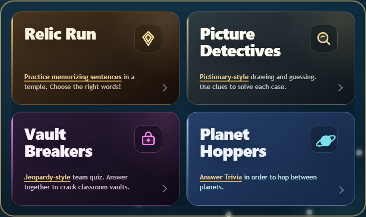 Ziarcadia’s four game modes: Relic Run, Picture Detectives, Vault Breakers, and Planet Hoppers